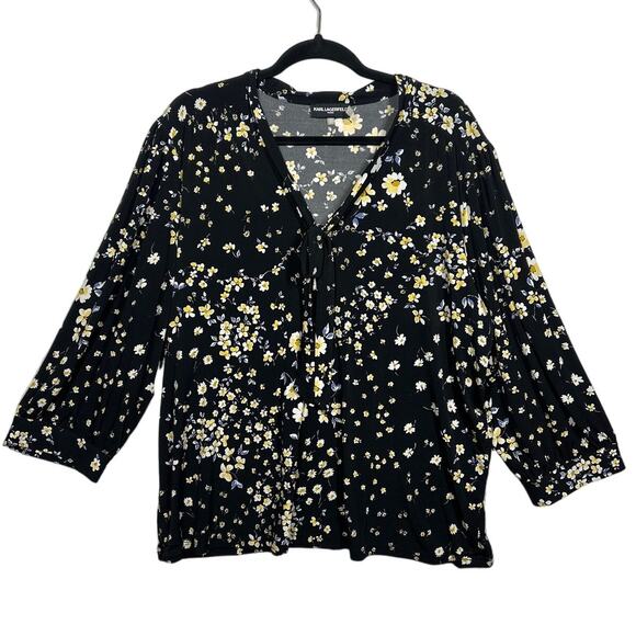 Karl Lagerfeld Paris Floral 3/4 Sleeve Blouse Cut Out Tie Neck Black Yellow 2X - Picture 1 of 10